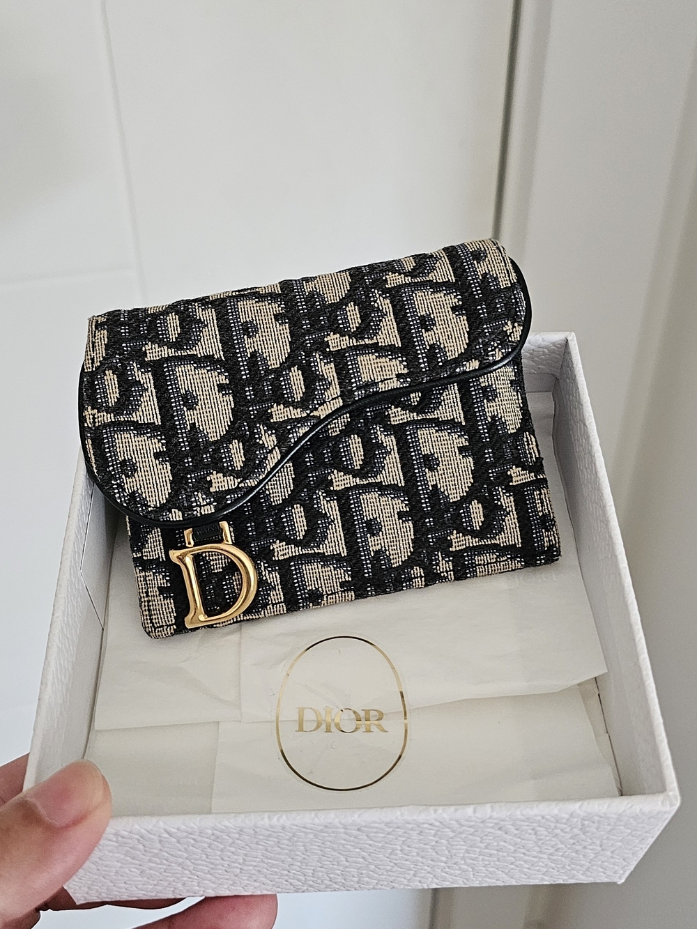 Dior Black and Beige Oblique Canvas Wallet with Gold 'D' Accent
